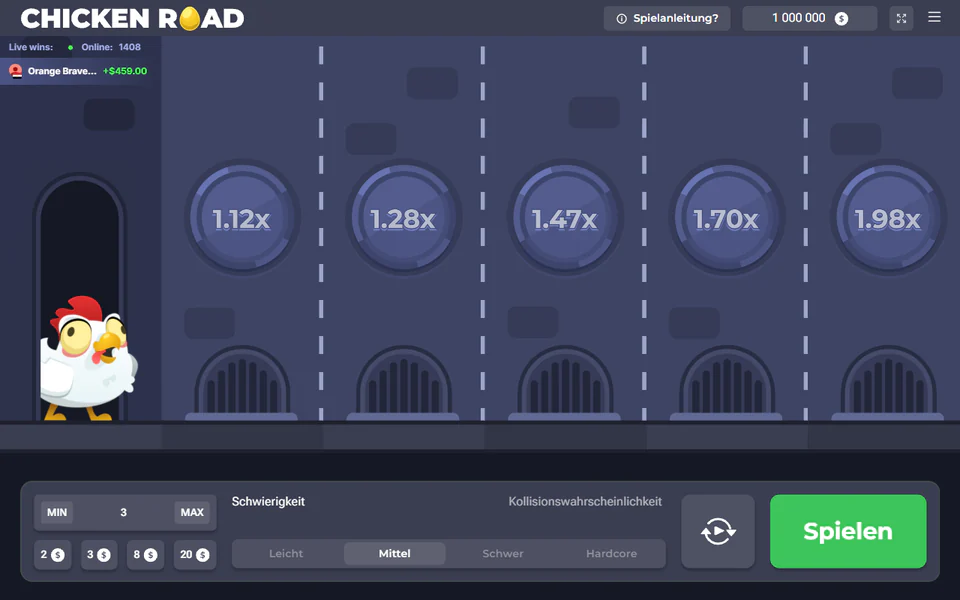 Chicken Road Demo auf Level Mittel mit Faktoren von 1.12x bis 1.98x, unten Einsatz, Levelwahl und Spielen-Button